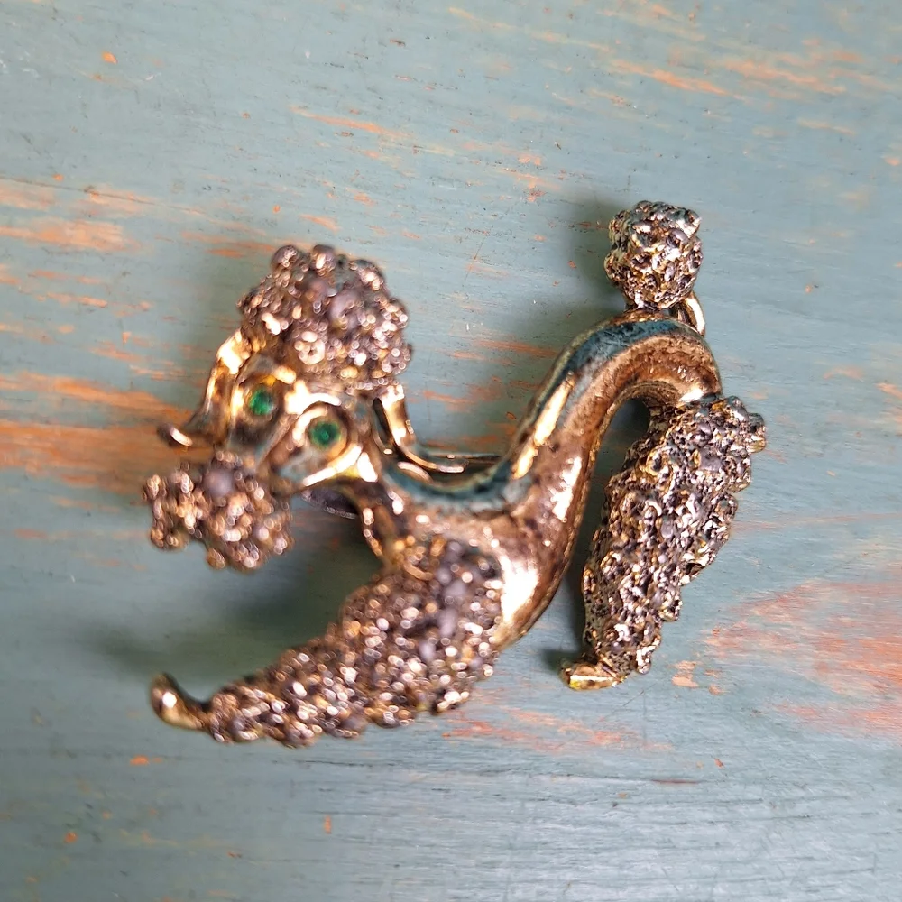 Vintage Dog Poodle Pin Green Gemstone Eyes Gold Metal Brooch Pooch Pins